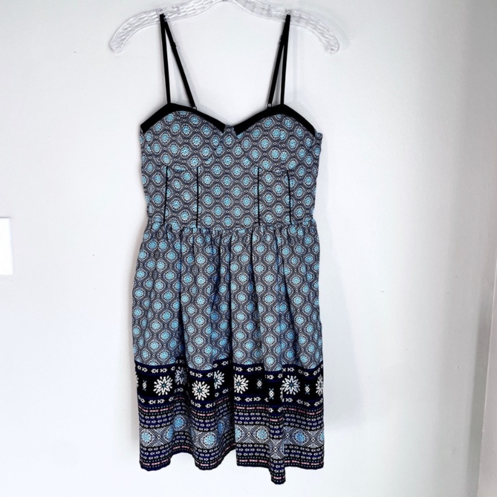 Black & Light Blue Patterned Sundress with Spaghetti Straps